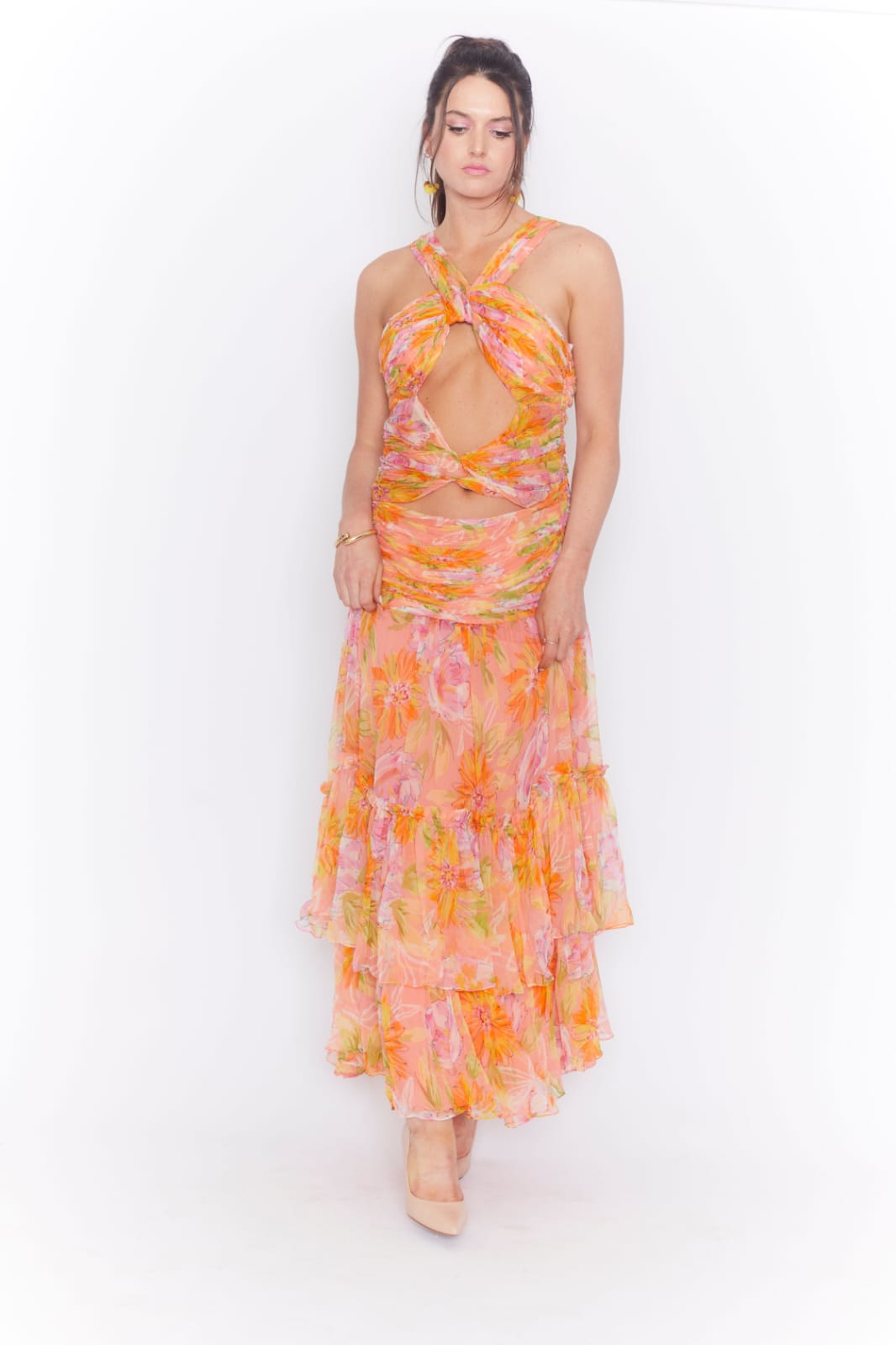 Floral print cutout waist chiffon maxi dress