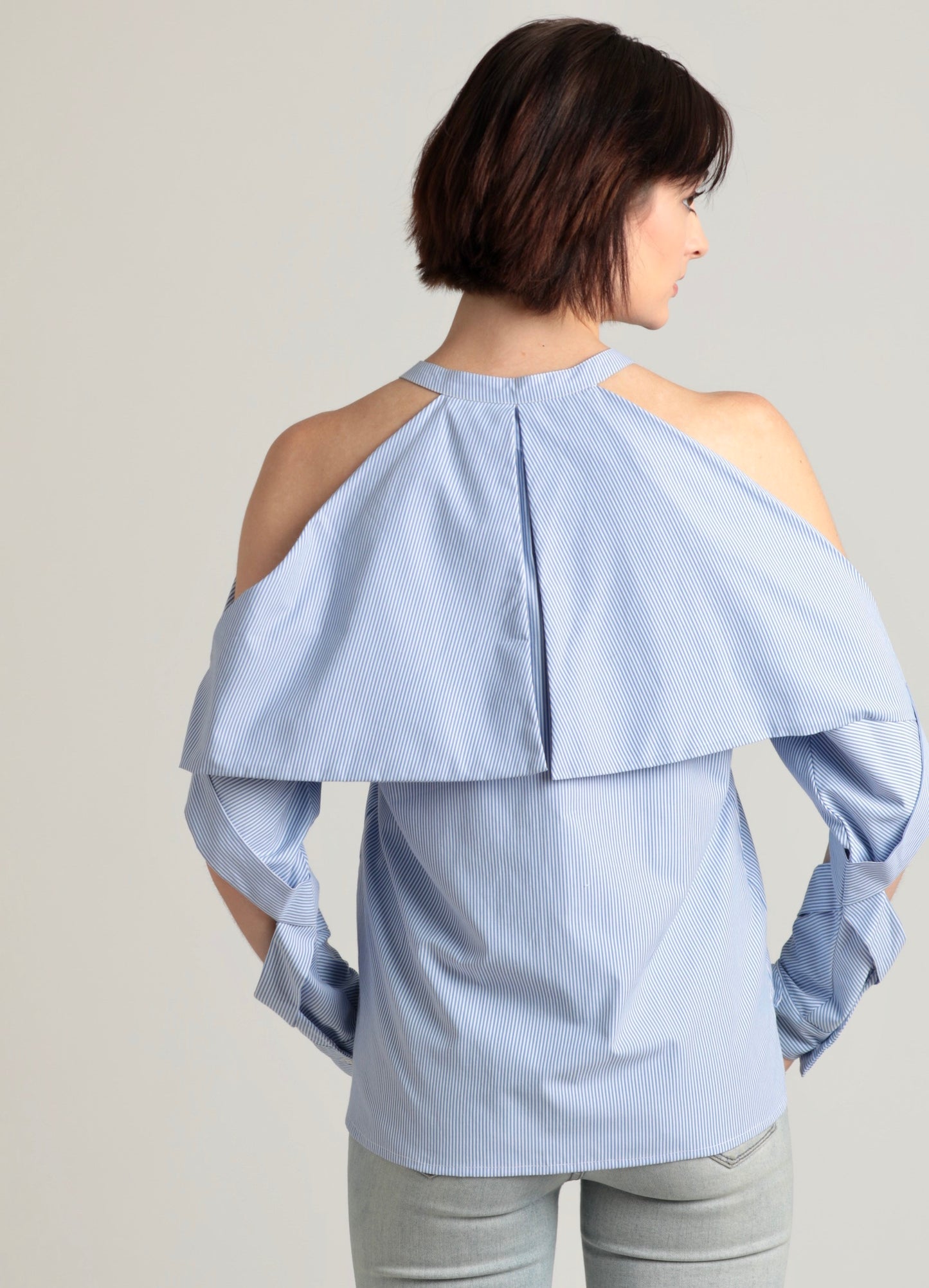 Fold-over cold shoulder pinstripe cotton shirt