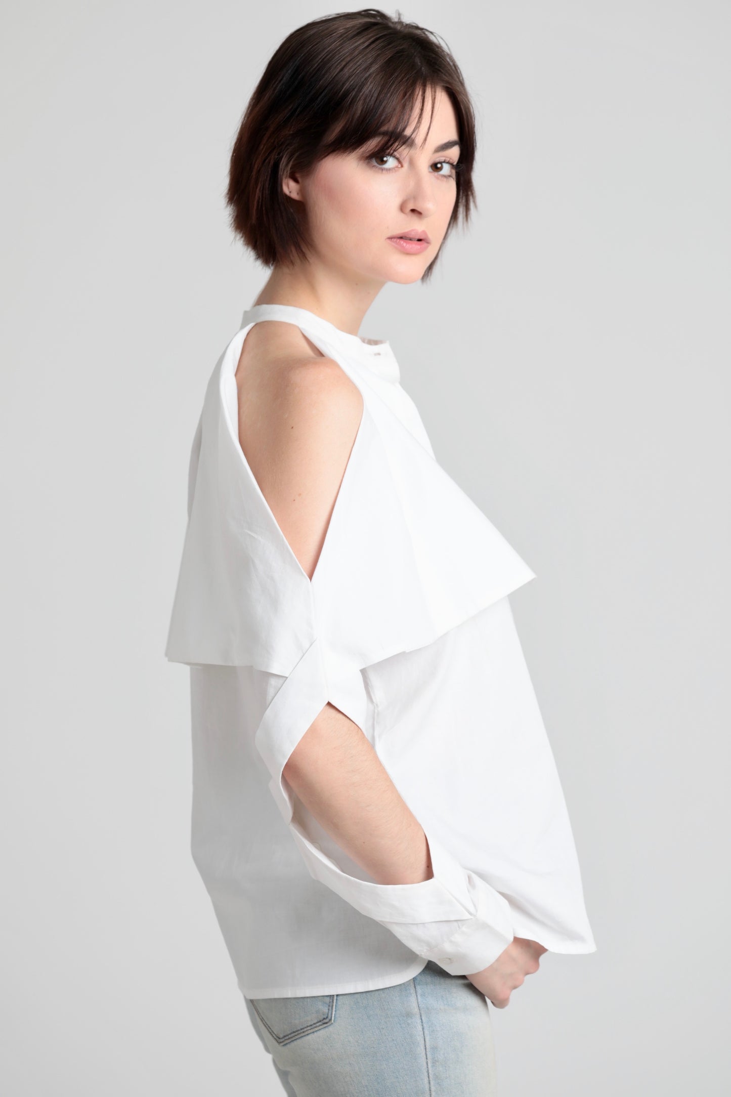 Fold-over cold shoulder Cotton shirt