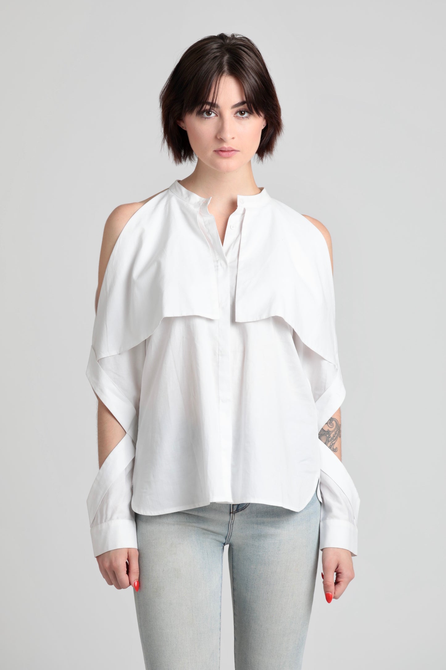 Fold-over cold shoulder Cotton shirt