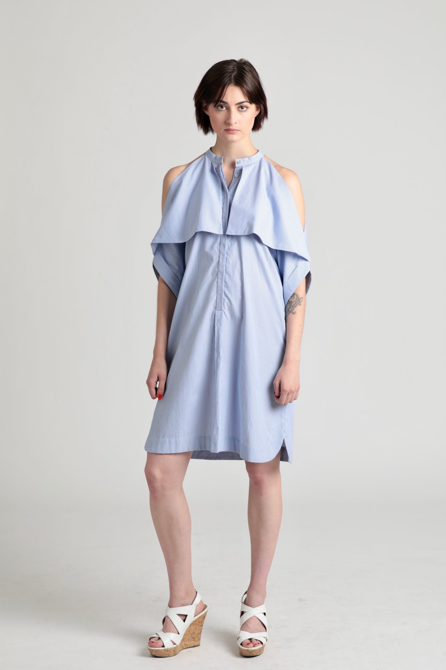 Fold-over open shoulder Cotton shirt dress