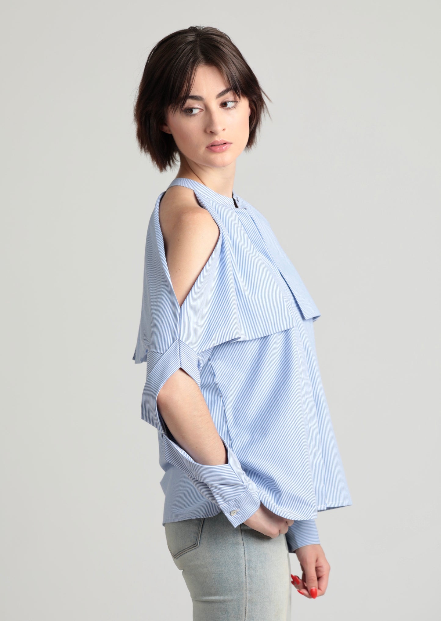 Fold-over cold shoulder pinstripe cotton shirt