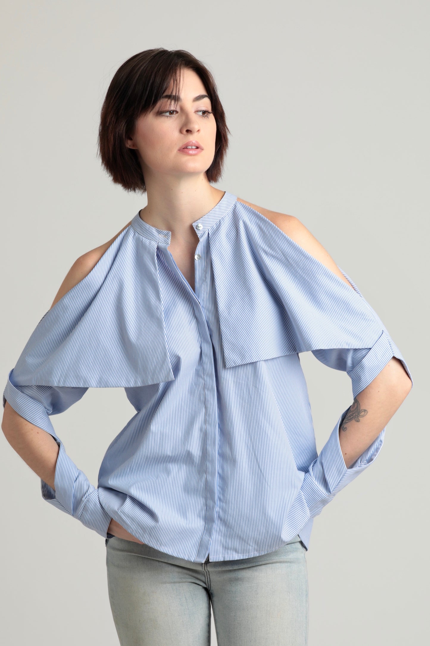 Fold-over cold shoulder pinstripe cotton shirt