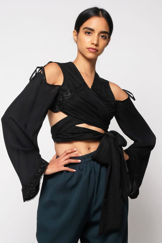 Silk wrap top with cold shoulder & lace details