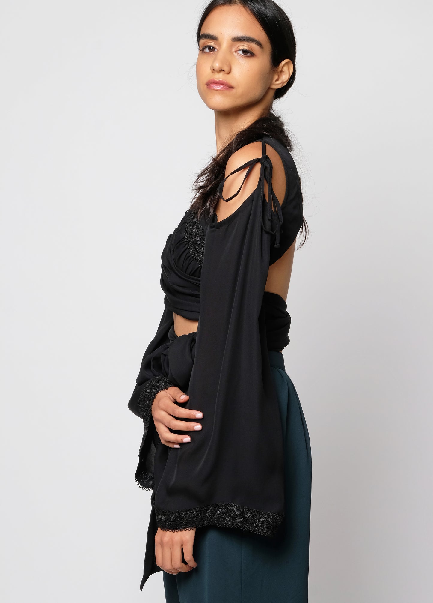 Silk wrap top with cold shoulder & lace details