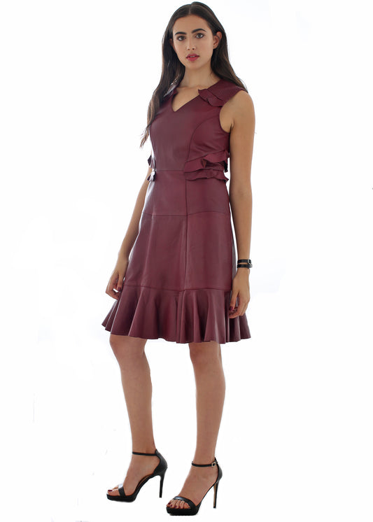 Leather V-neck fit & flare ruffle detail dress
