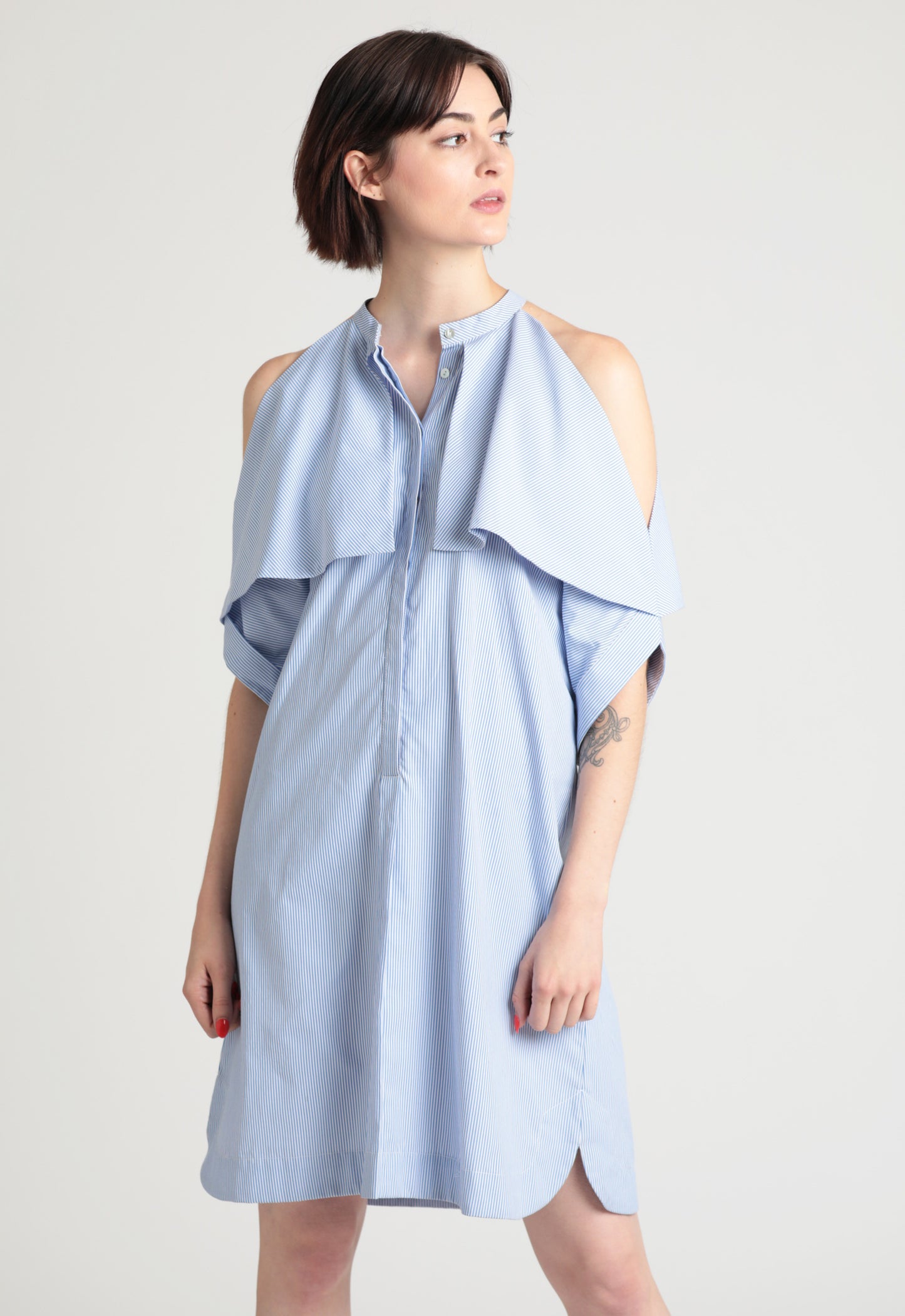 Fold-over open shoulder Cotton shirt dress