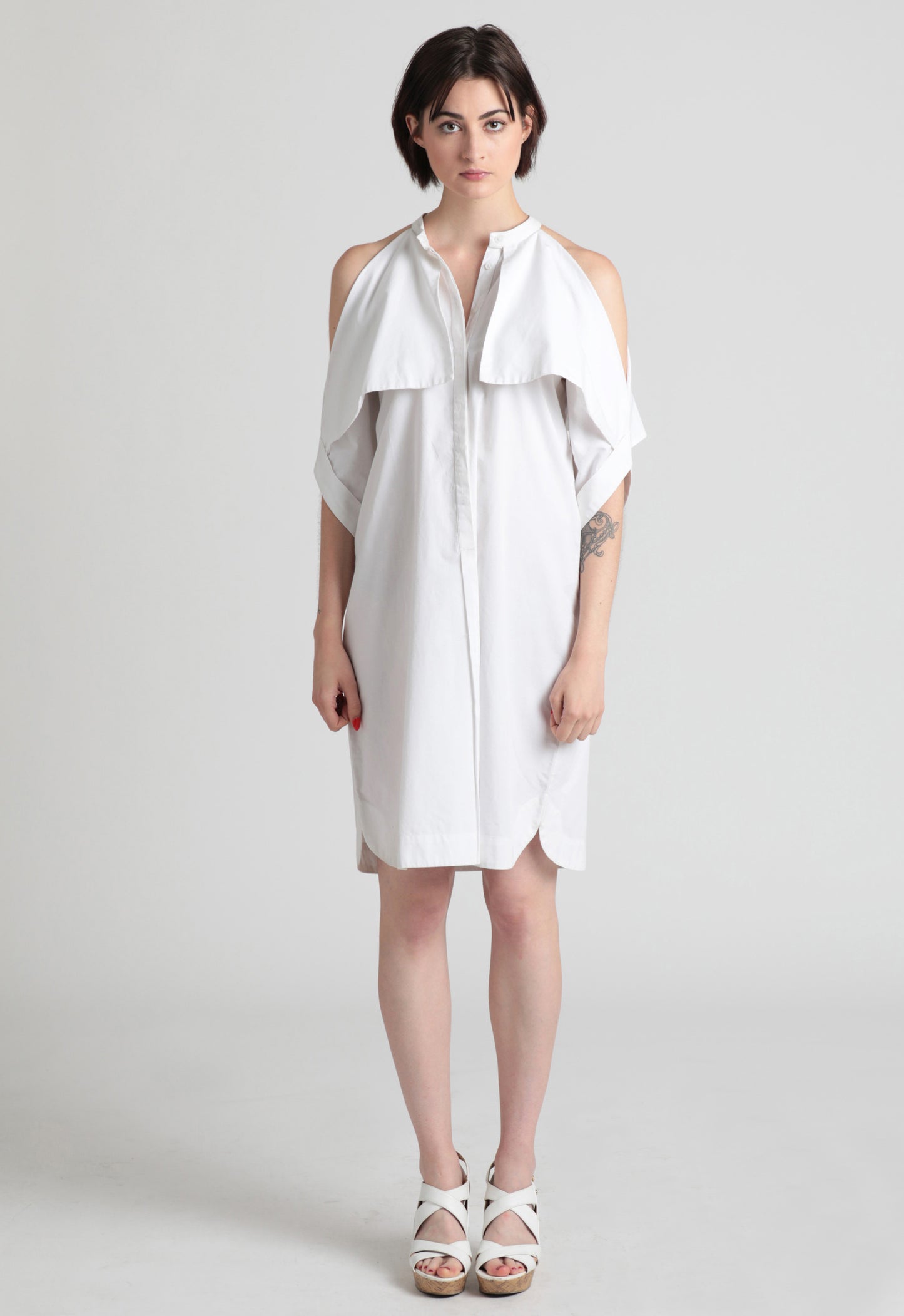 Fold-over cold shoulder cotton shirt dress