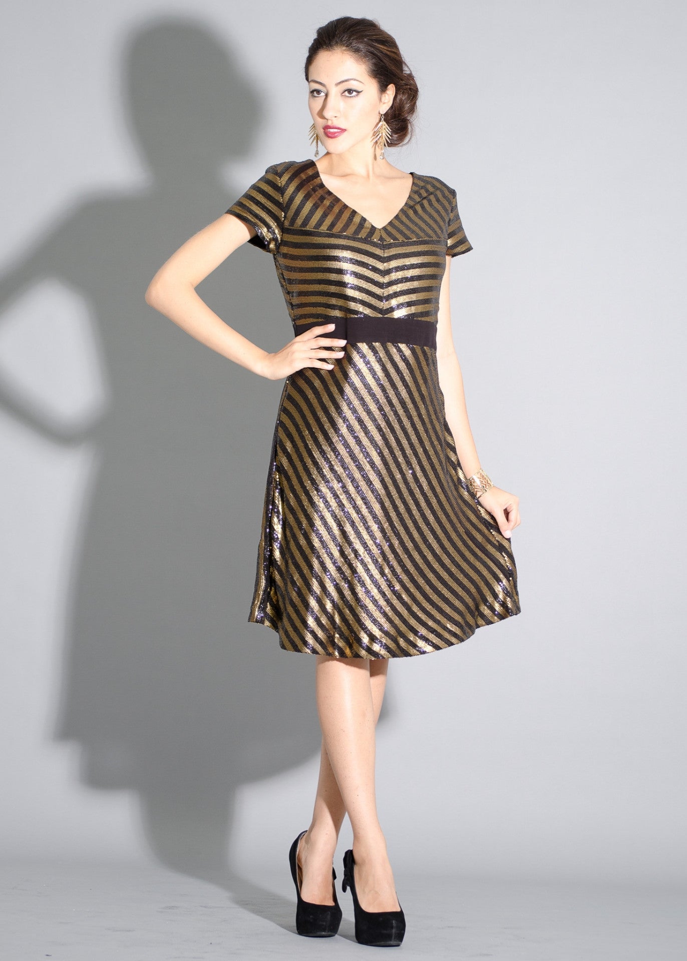 Lia - Metallic gold/ black stripes fit & flare party dress