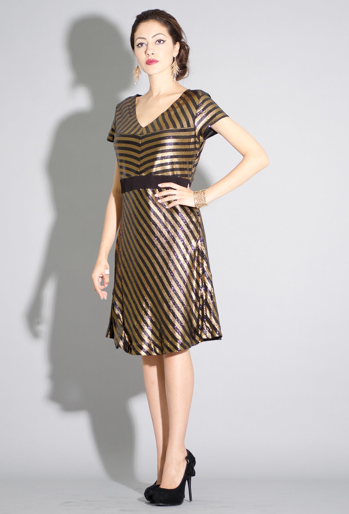 Lia - Metallic gold/ black stripes fit & flare party dress