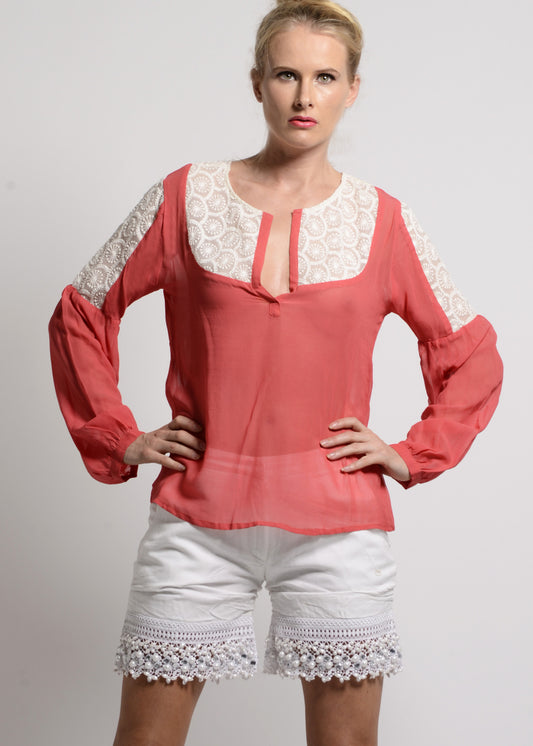 Georgette sheer blouse with chikankari lace details - SOLD OUT