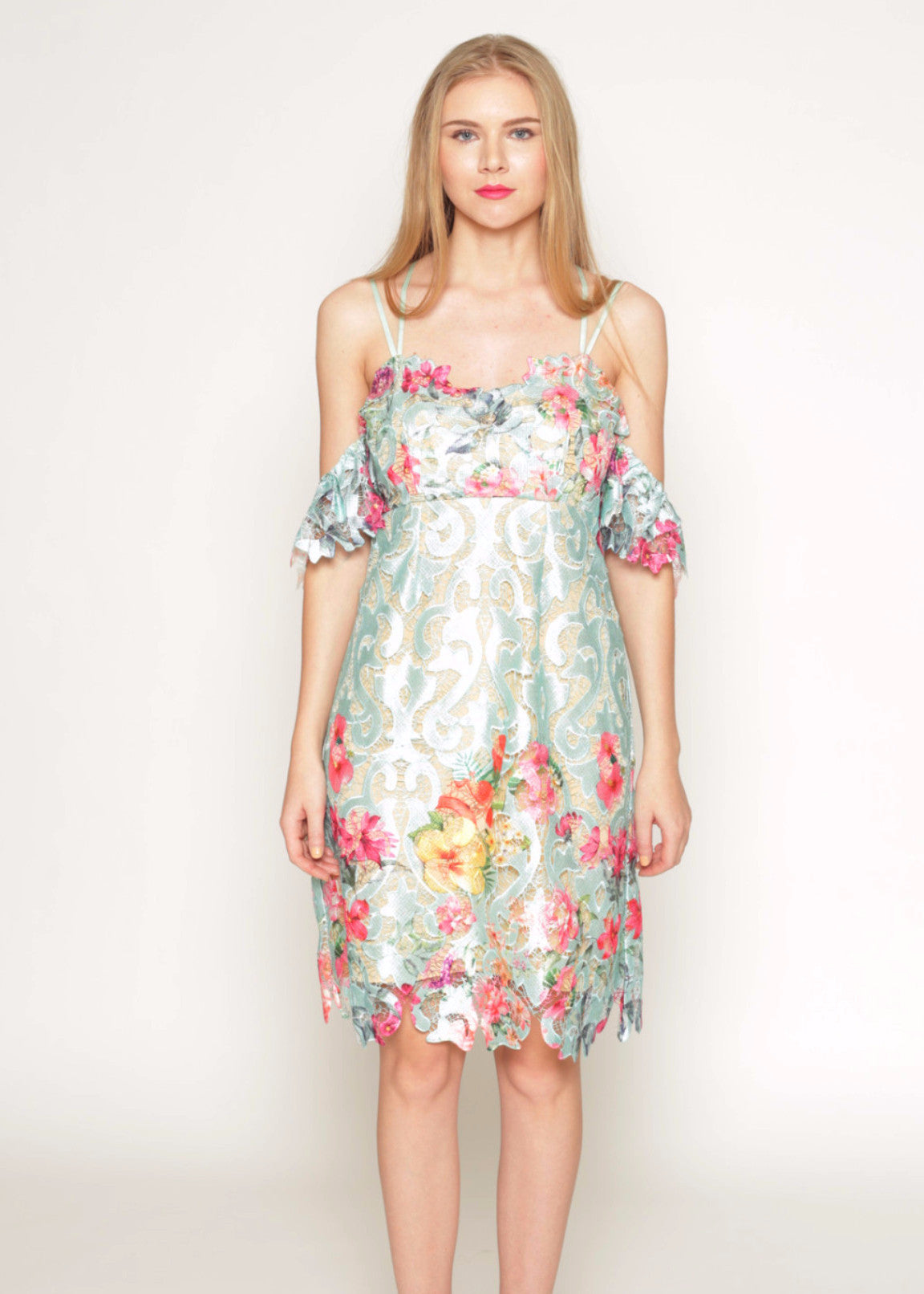 Printed Floral Lace Slip Dress with Off Shoulder Sleeves