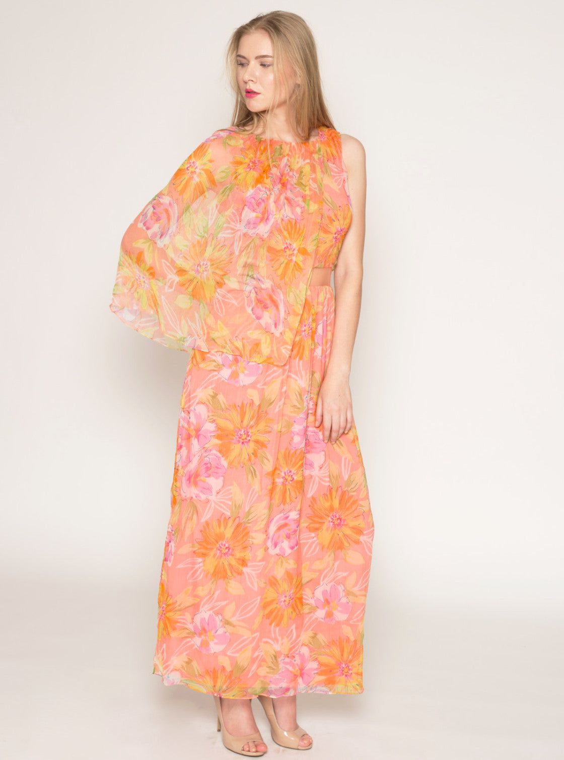 Floral print chiffon capelet sheer midriff dress