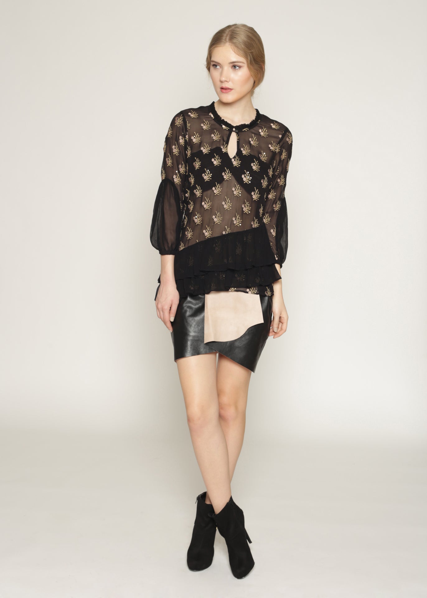 Sheer embroidered ruffle details party blouse