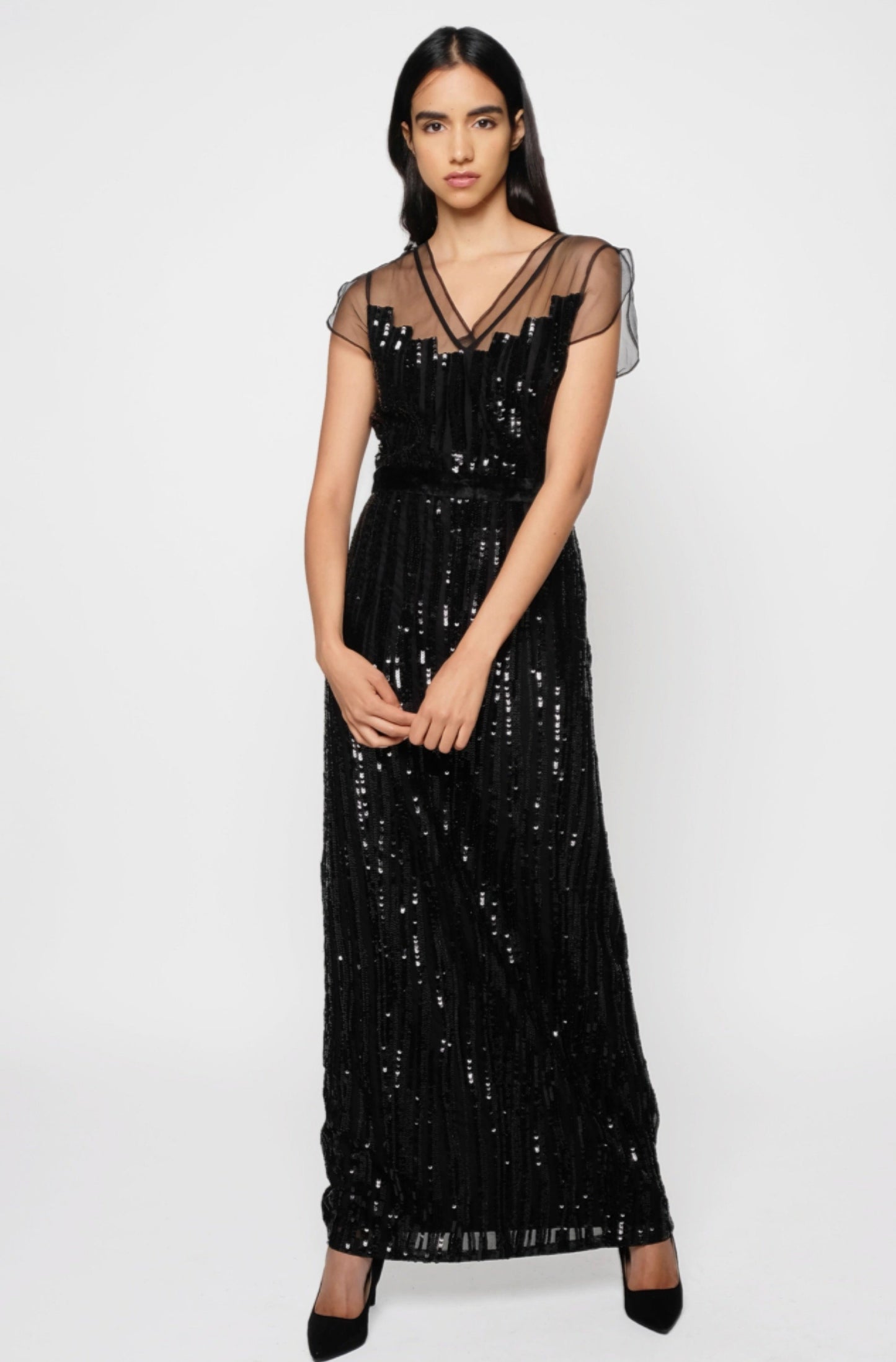 Black sequin stripes long gown