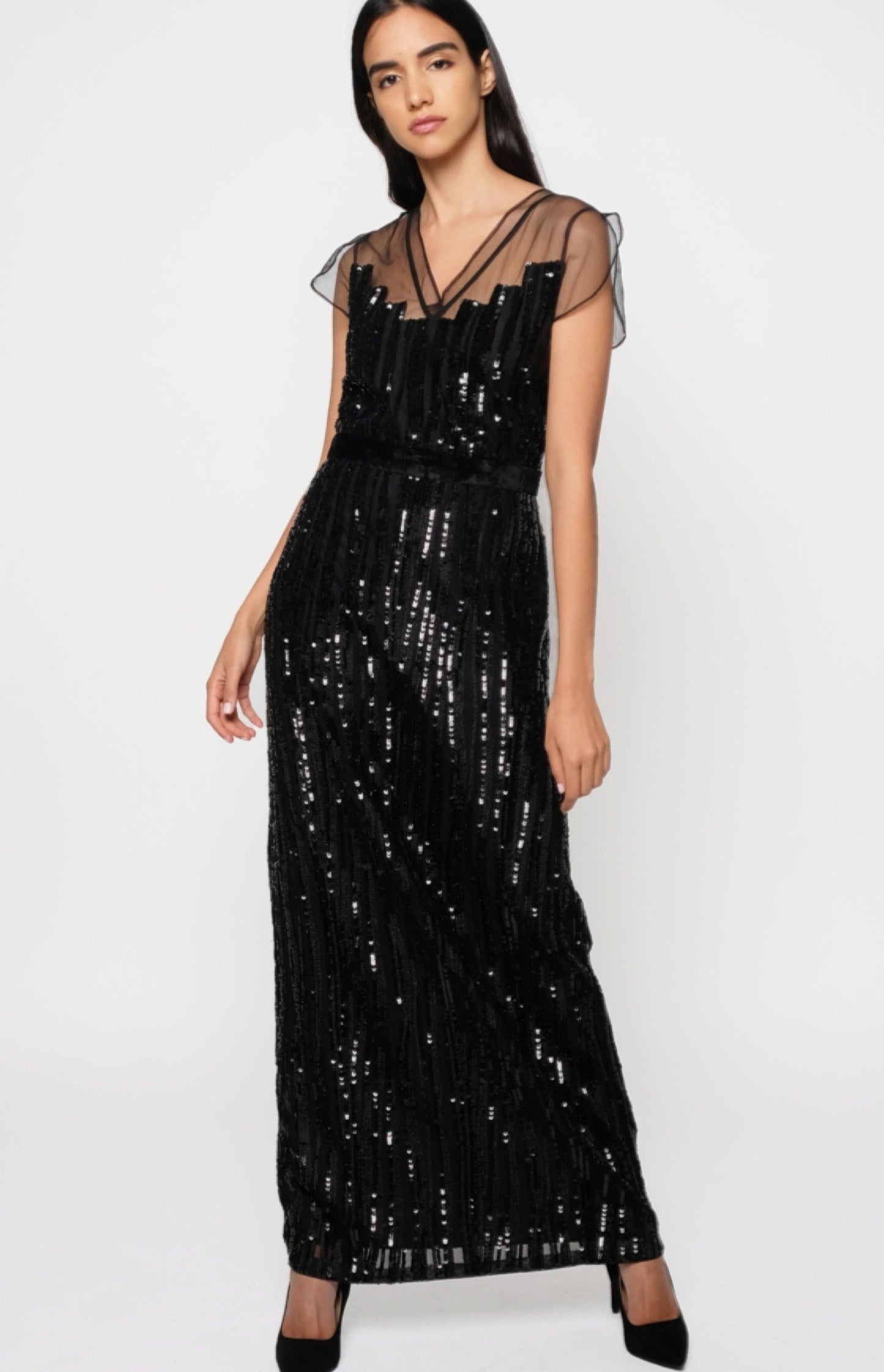 Black sequin stripes long gown