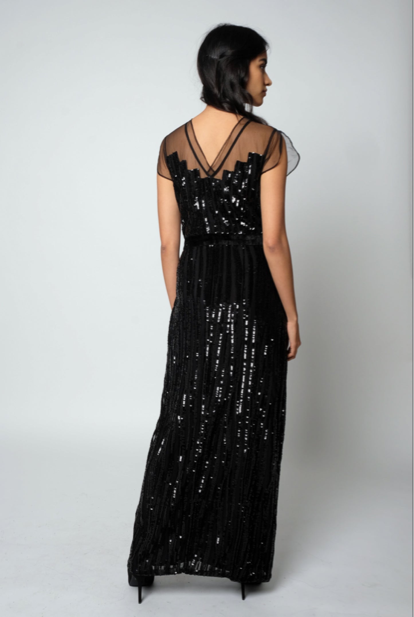 Black sequin stripes long gown