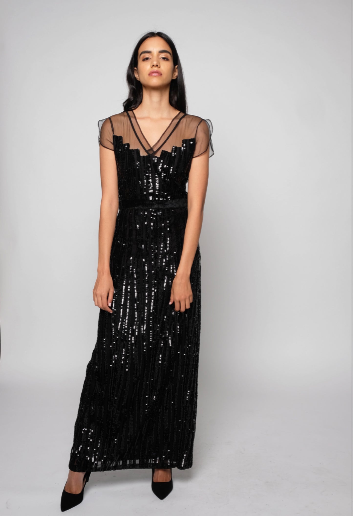 Black sequin stripes long gown