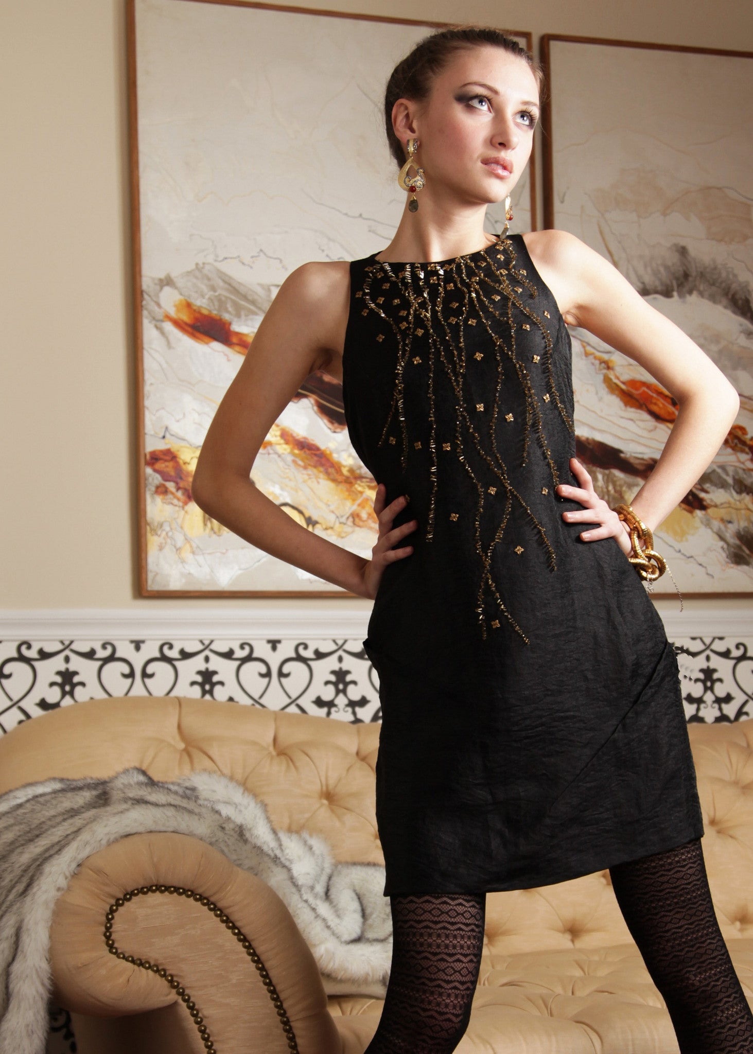 3D beaded front halter neck dress – - Main Image