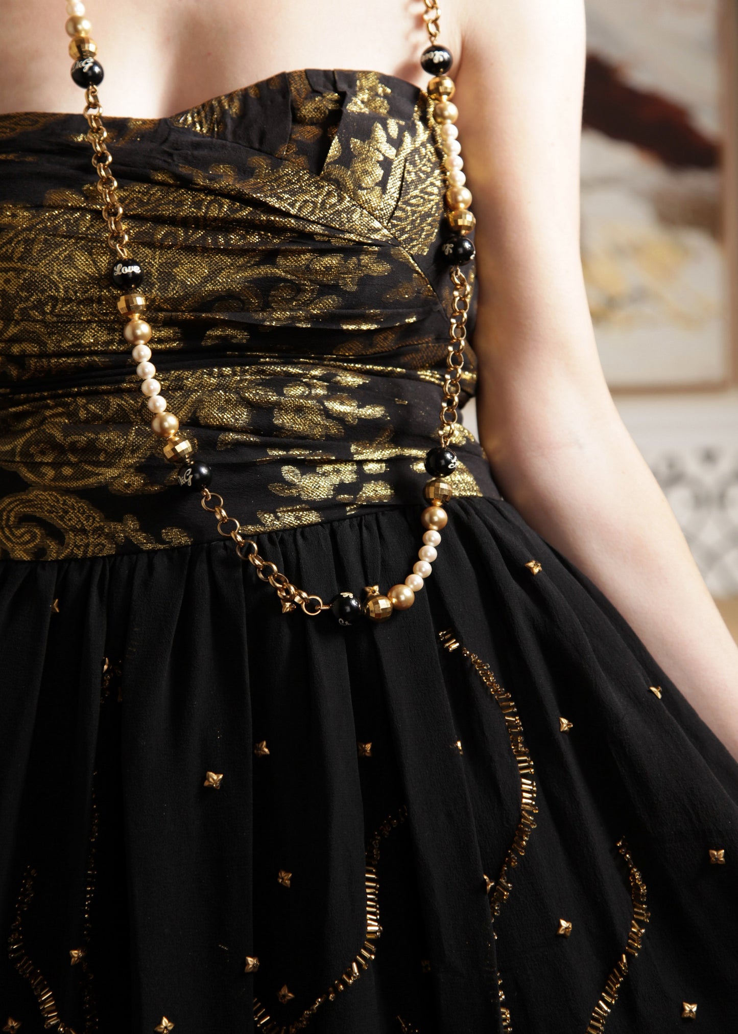 Bella - Strapless 3D beaded black/ gold party dress