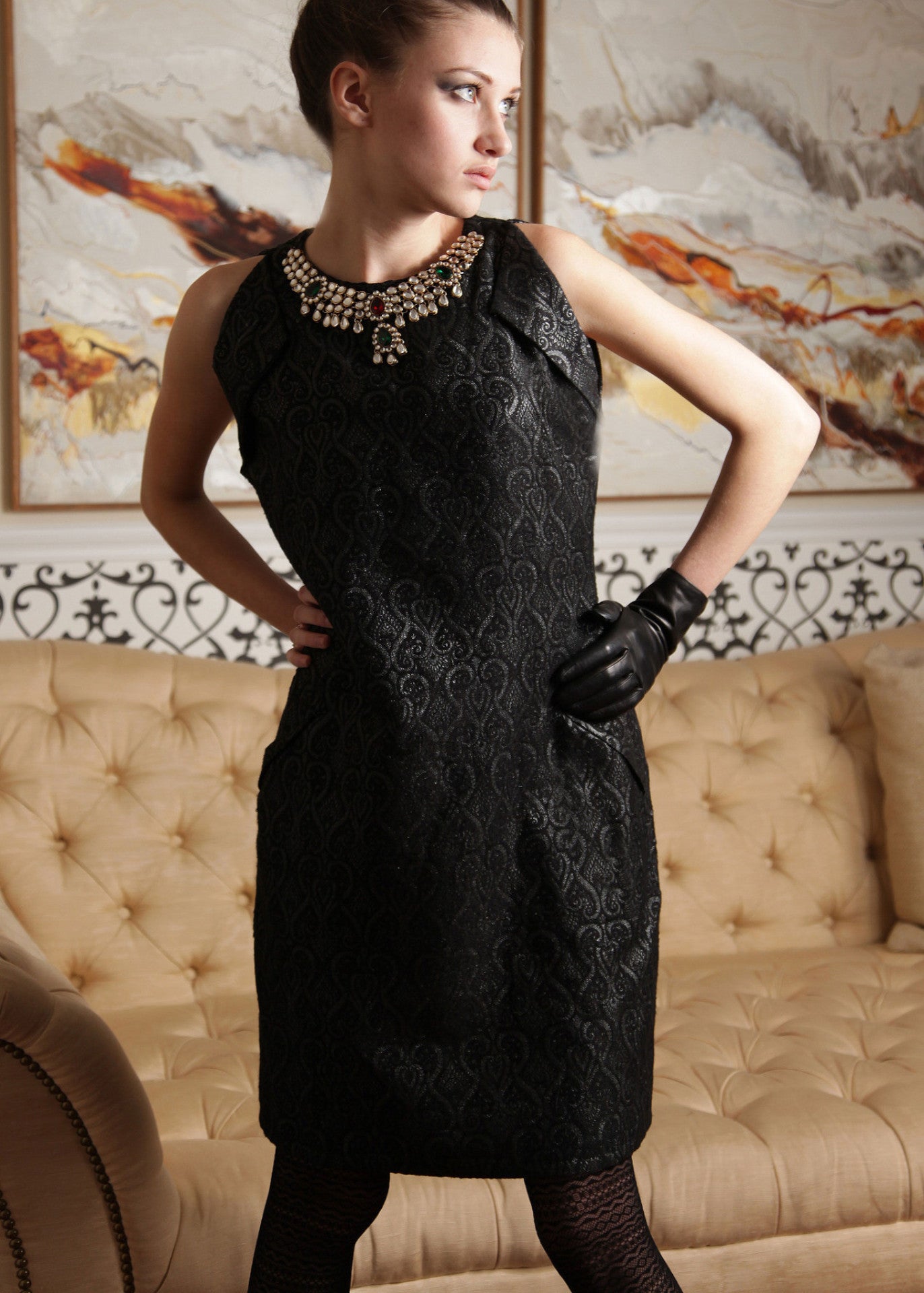 Diana - Brocade folds and antique necklace detail dress - SOLD OUT