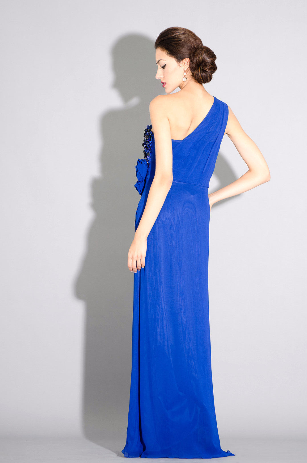 Georgette one shoulder gown, side draping with floral and sequins embellishment detail- SOLD OUT