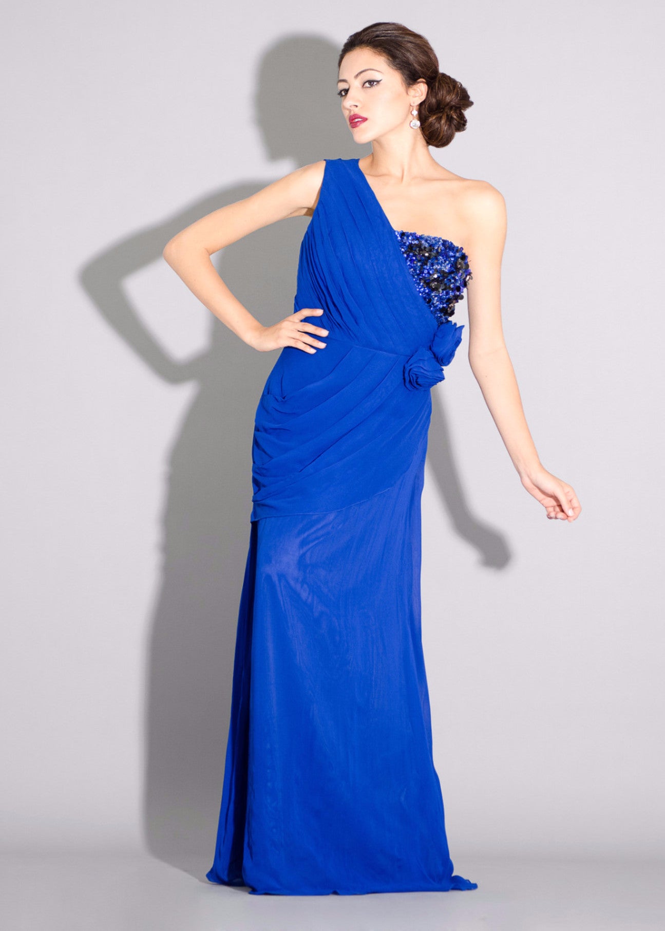 Georgette one shoulder gown, side draping with floral and sequins embellishment detail- SOLD OUT