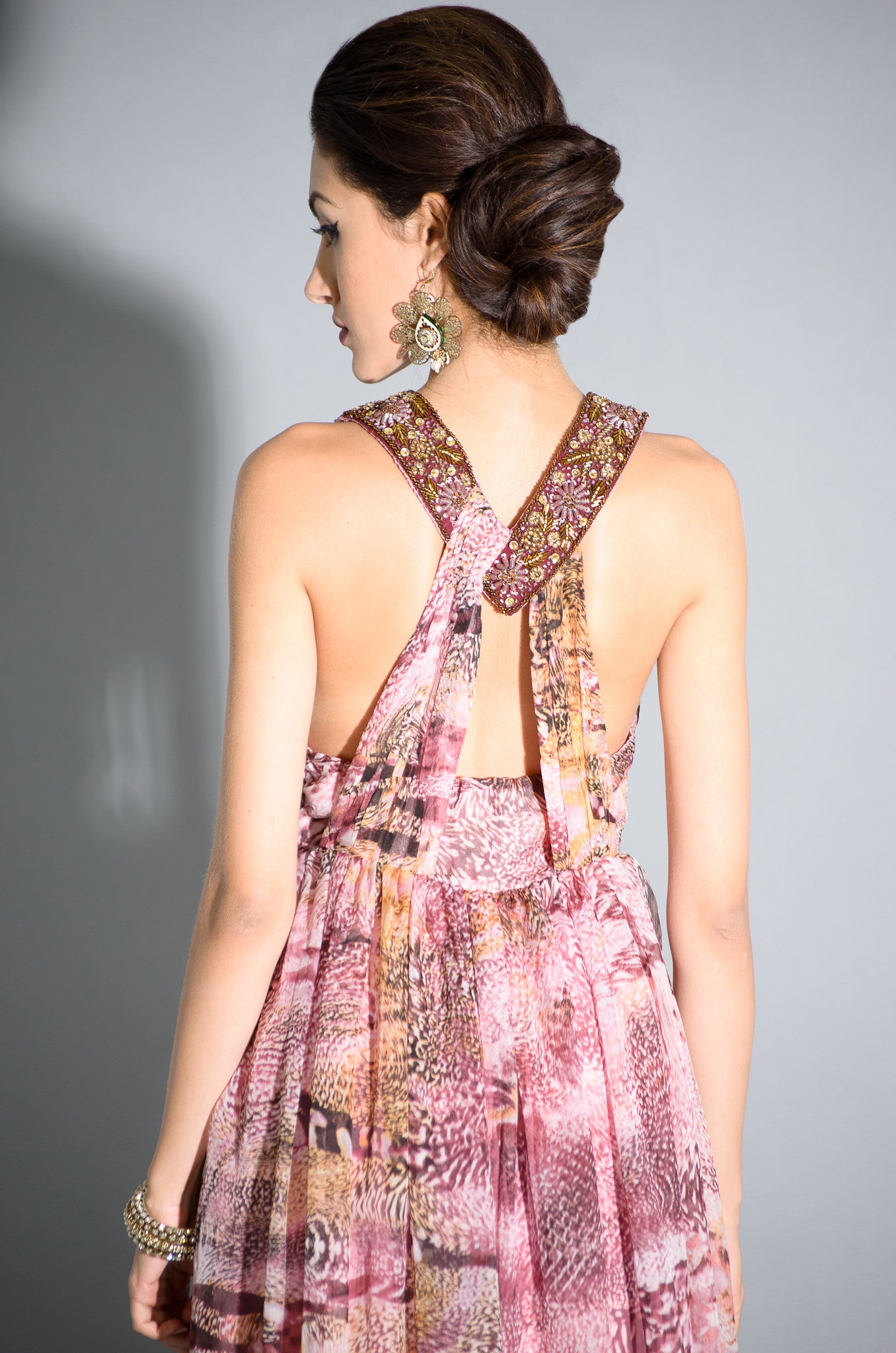 Beaded Neckline and Waist, printed chiffon gown