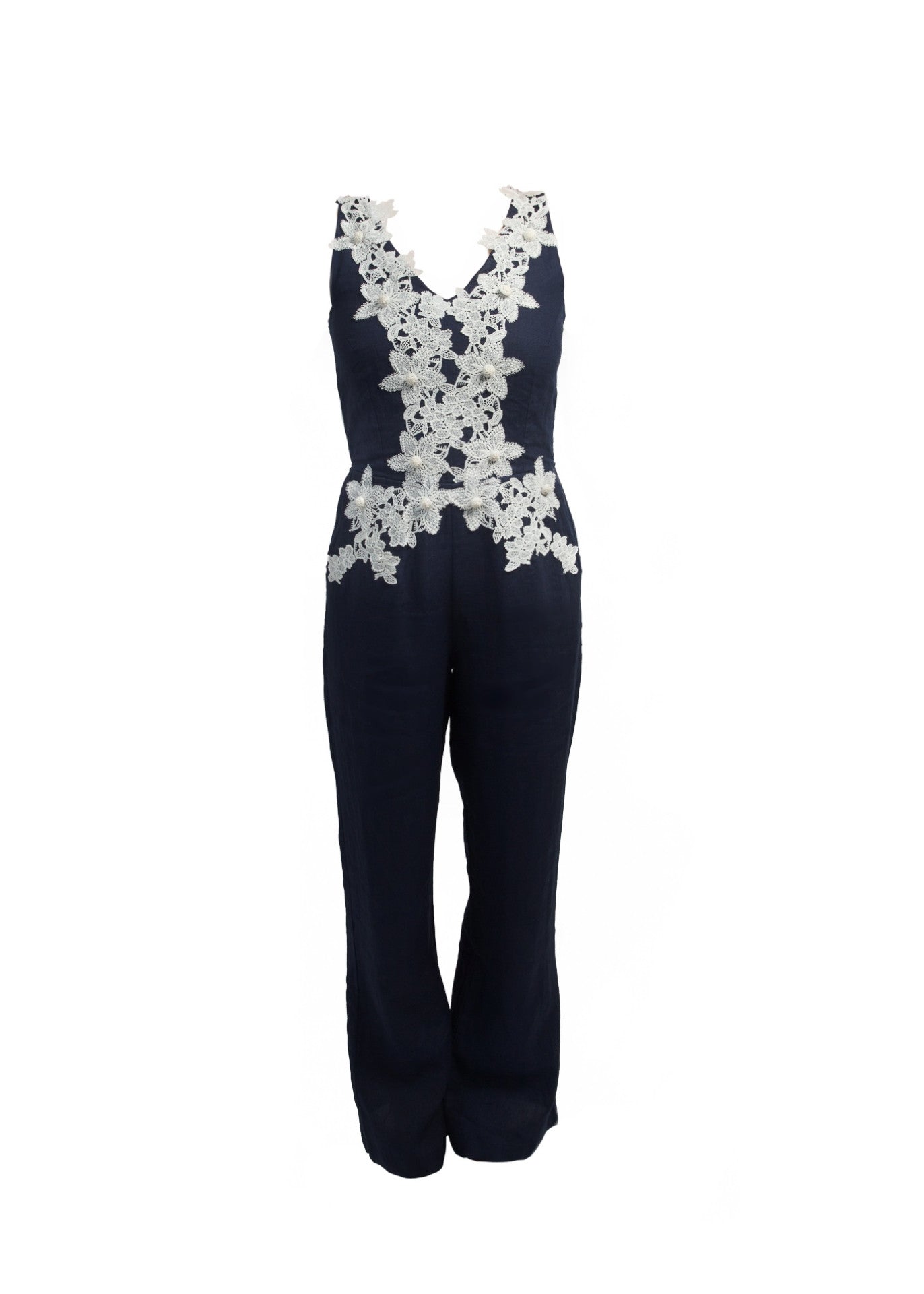 Linen jump suit with floral lace applique