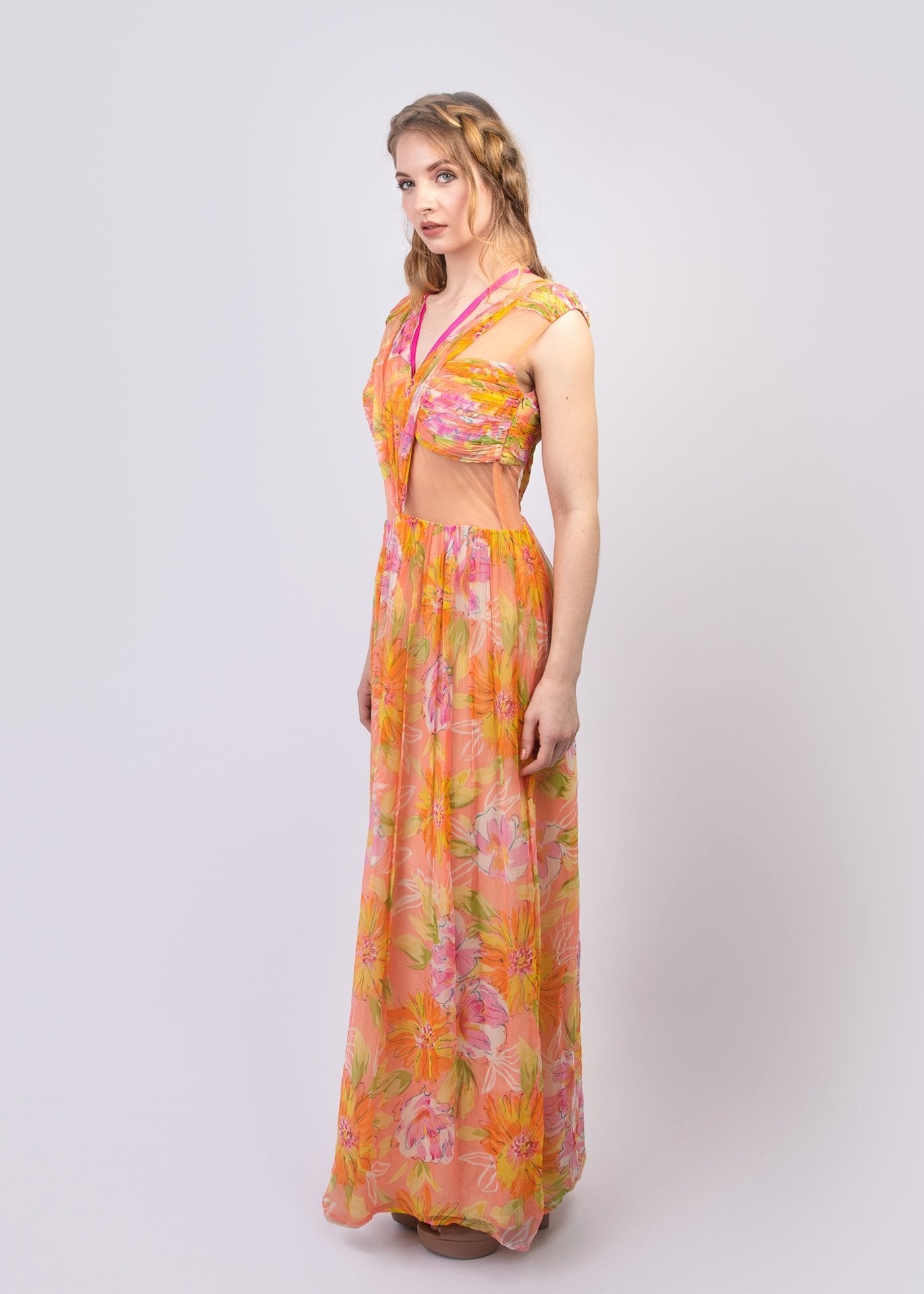 Strappy floral print chiffon maxi dress