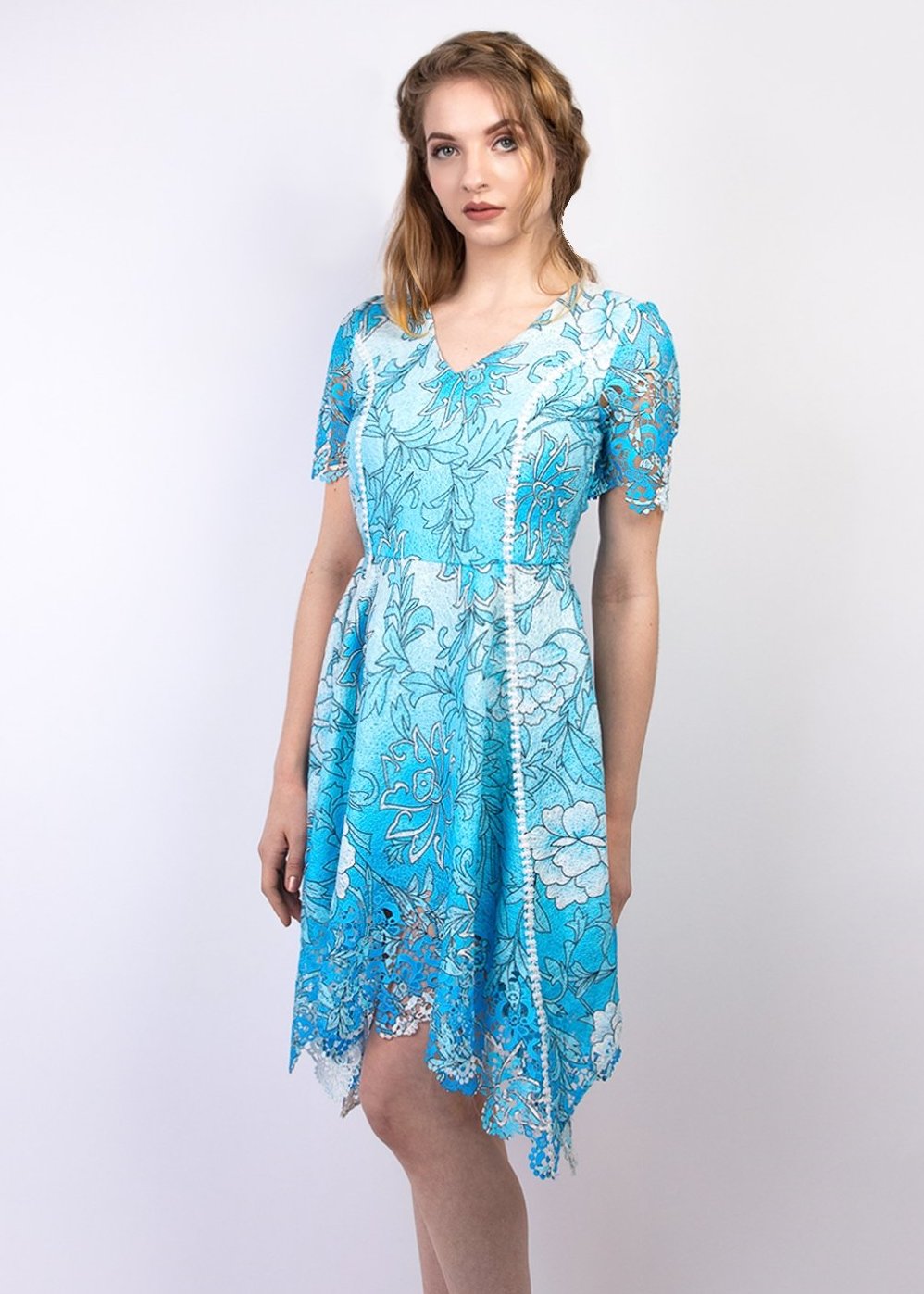 Novelty printed lace handkerchief hem dress