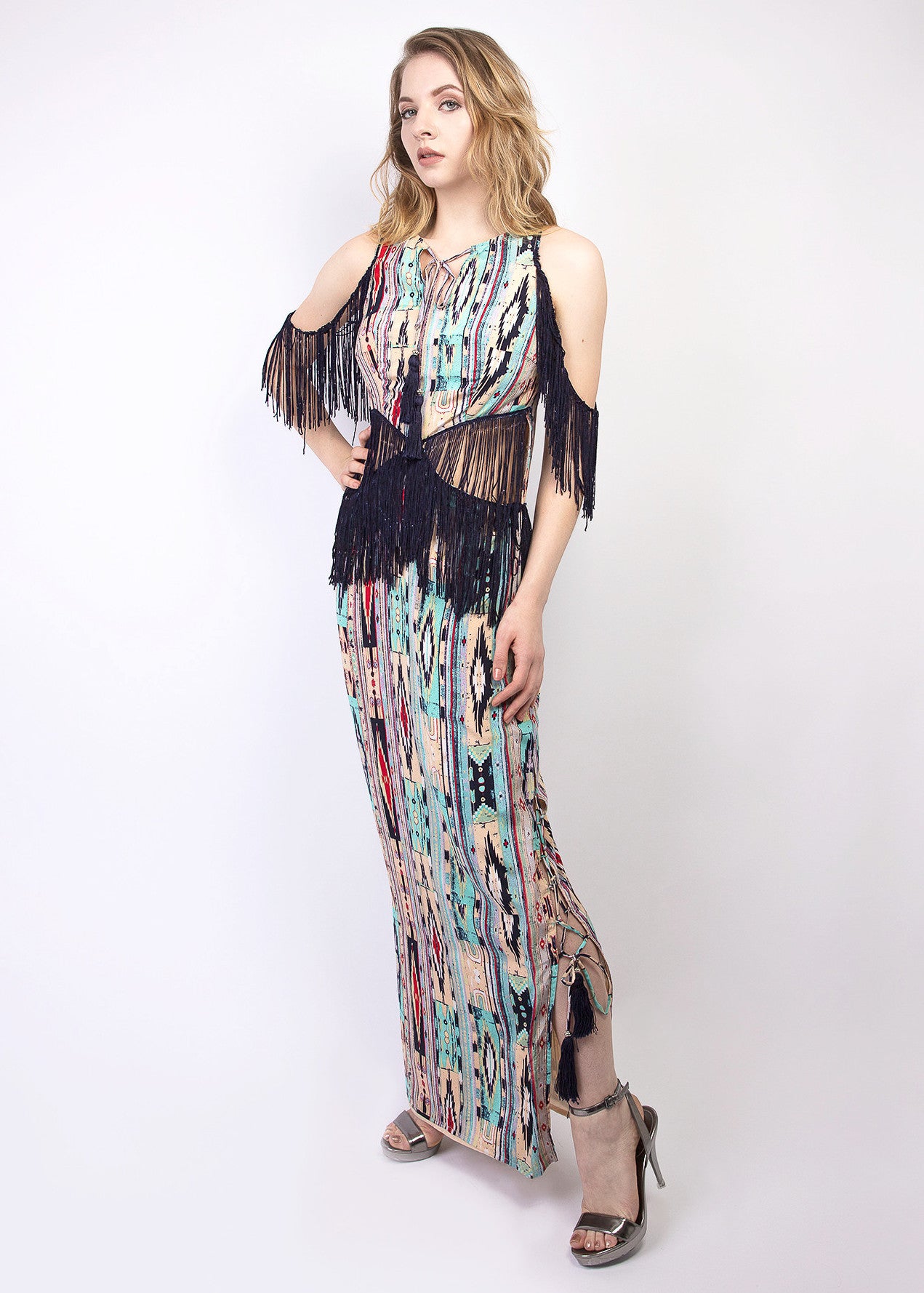 Tribal print silk maxi dress with fringe details- SOLD OUT Tribal print silk maxi dress with fringe details- SOLD OUT