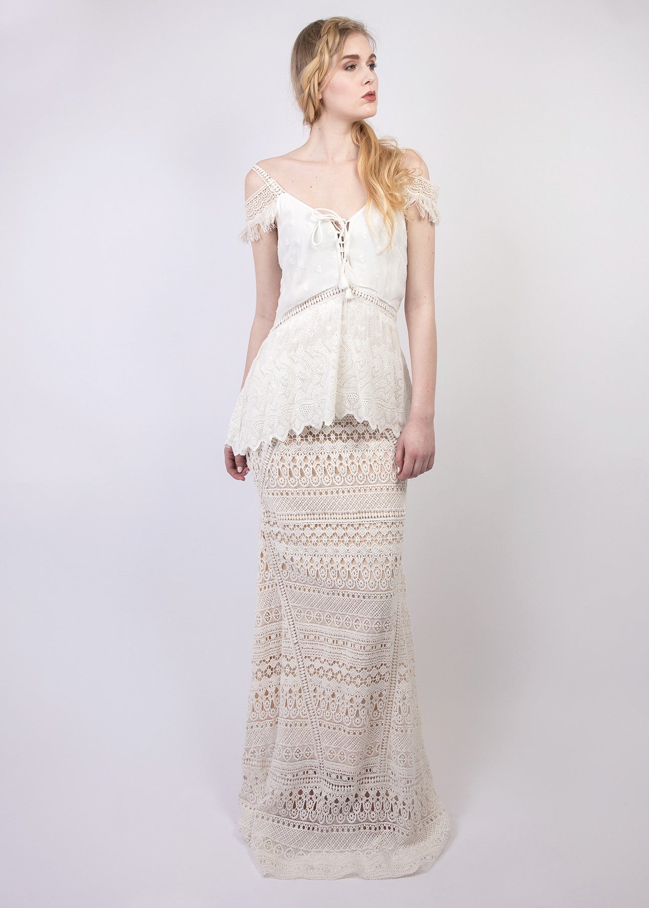 Lace peplum + fringe detail maxi dress