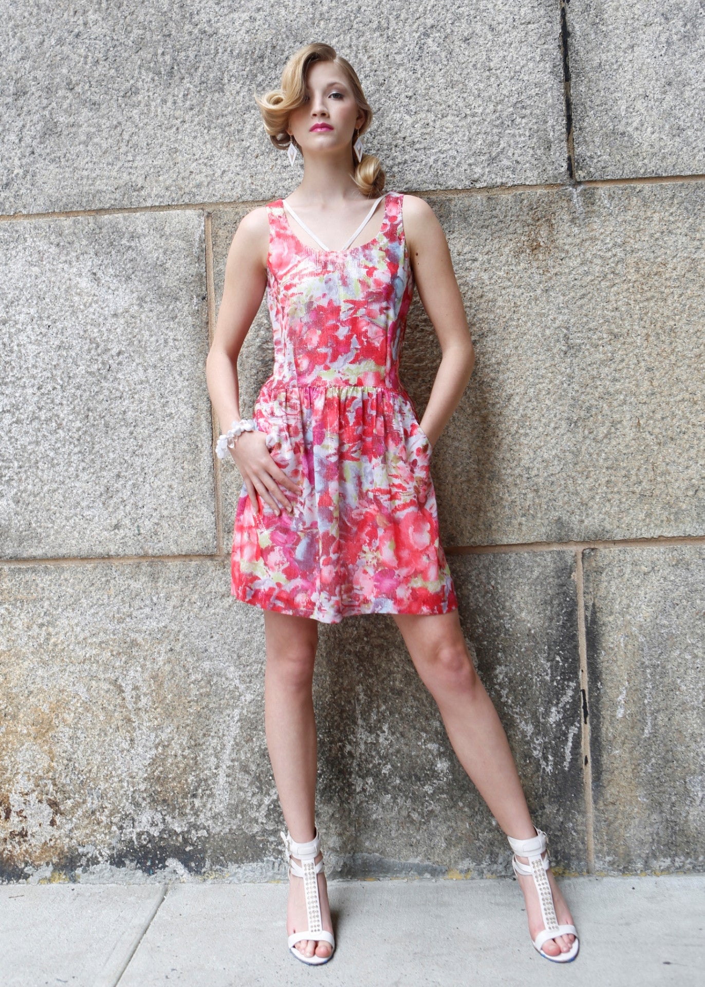 All Over Sequins Floral Print Fit & Flare Dress