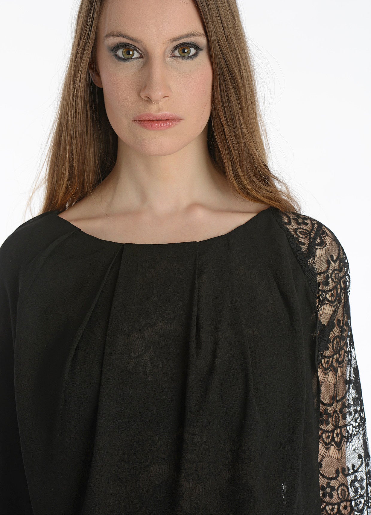 Asymmetrical Silk Top w/ Lace Sleeves