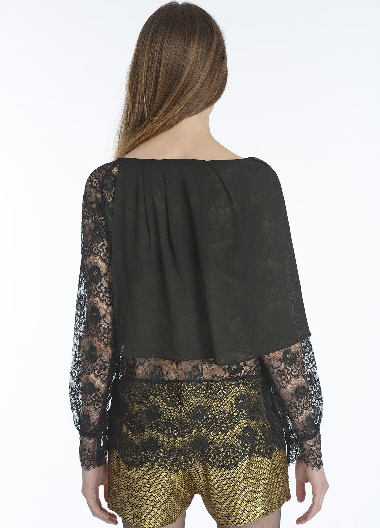 Asymmetrical Silk Top w/ Lace Sleeves