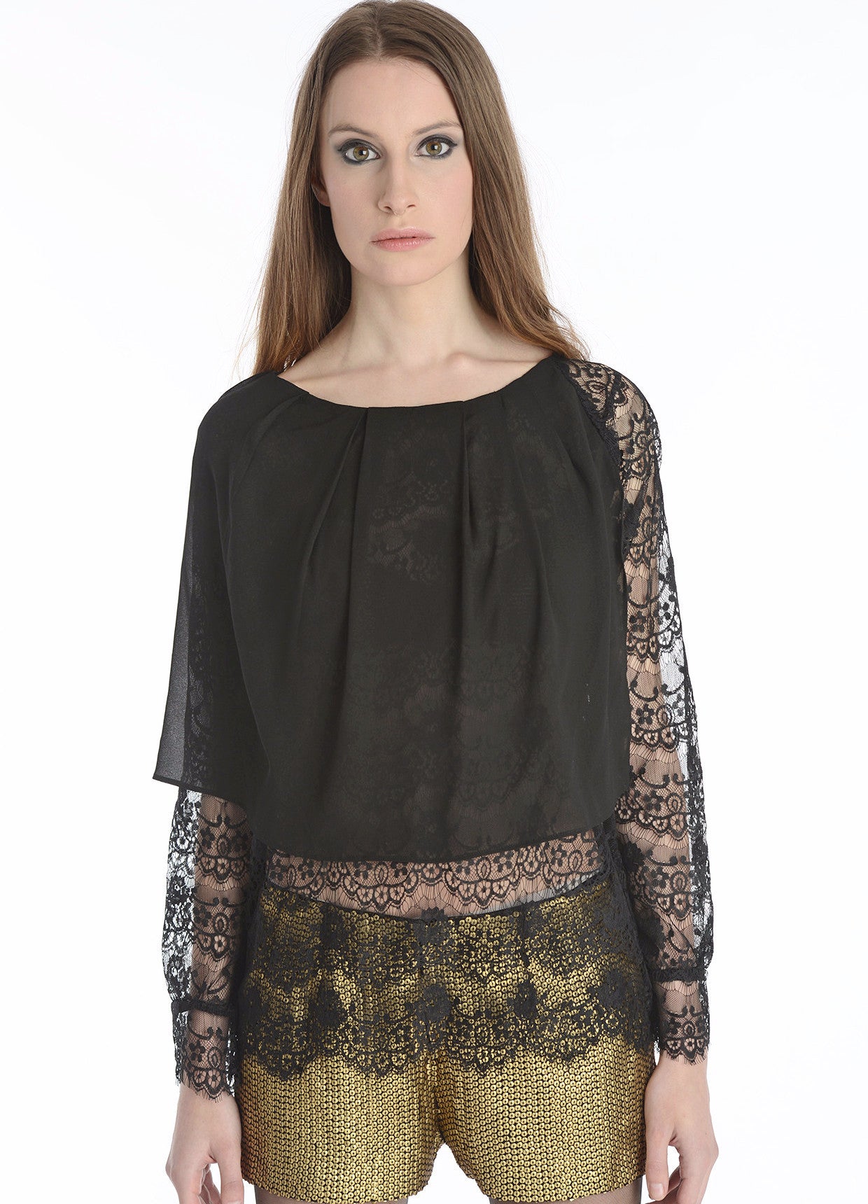 Asymmetrical Silk Top w/ Lace Sleeves