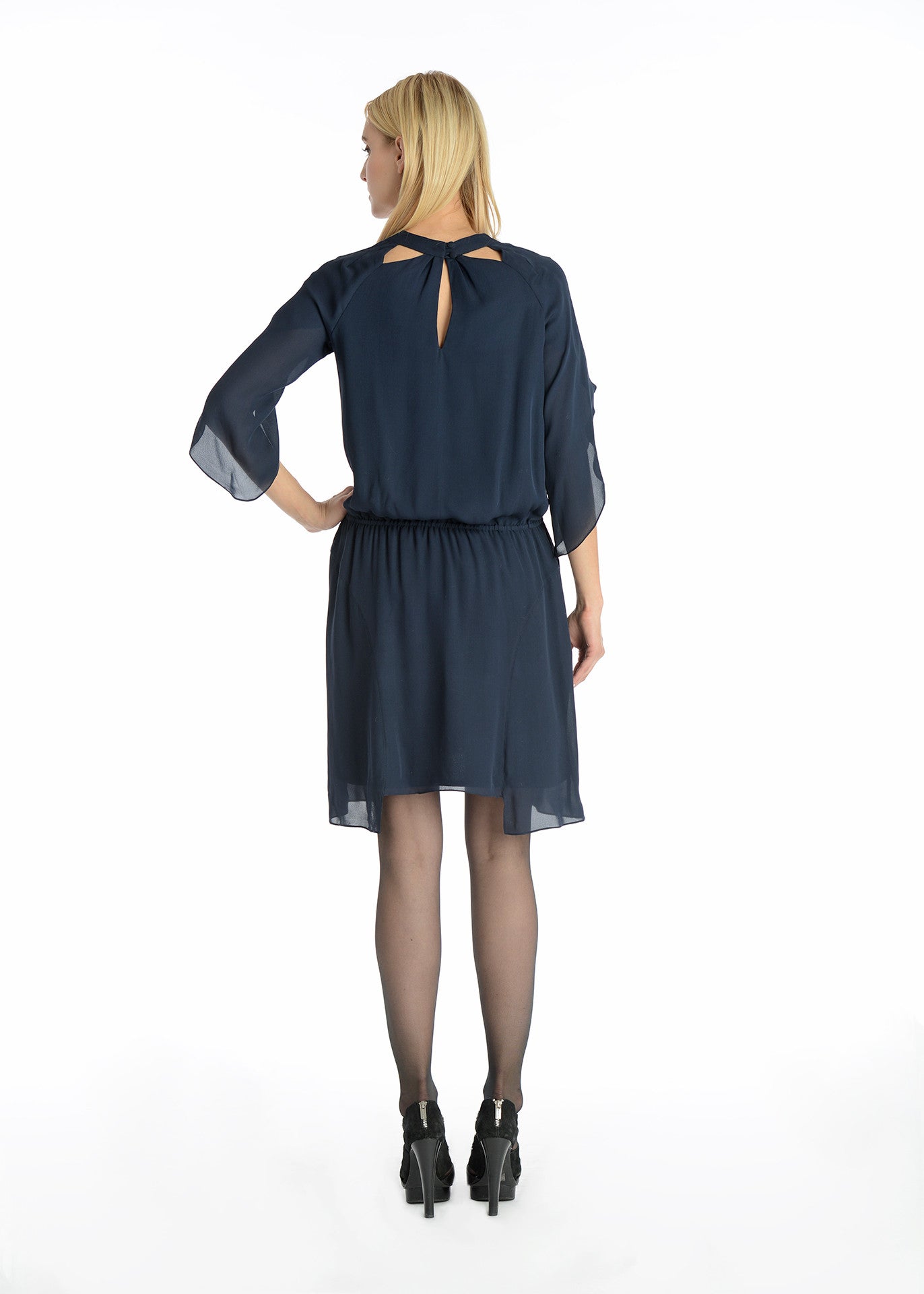 Tulip sleeves uneven hem silk dress