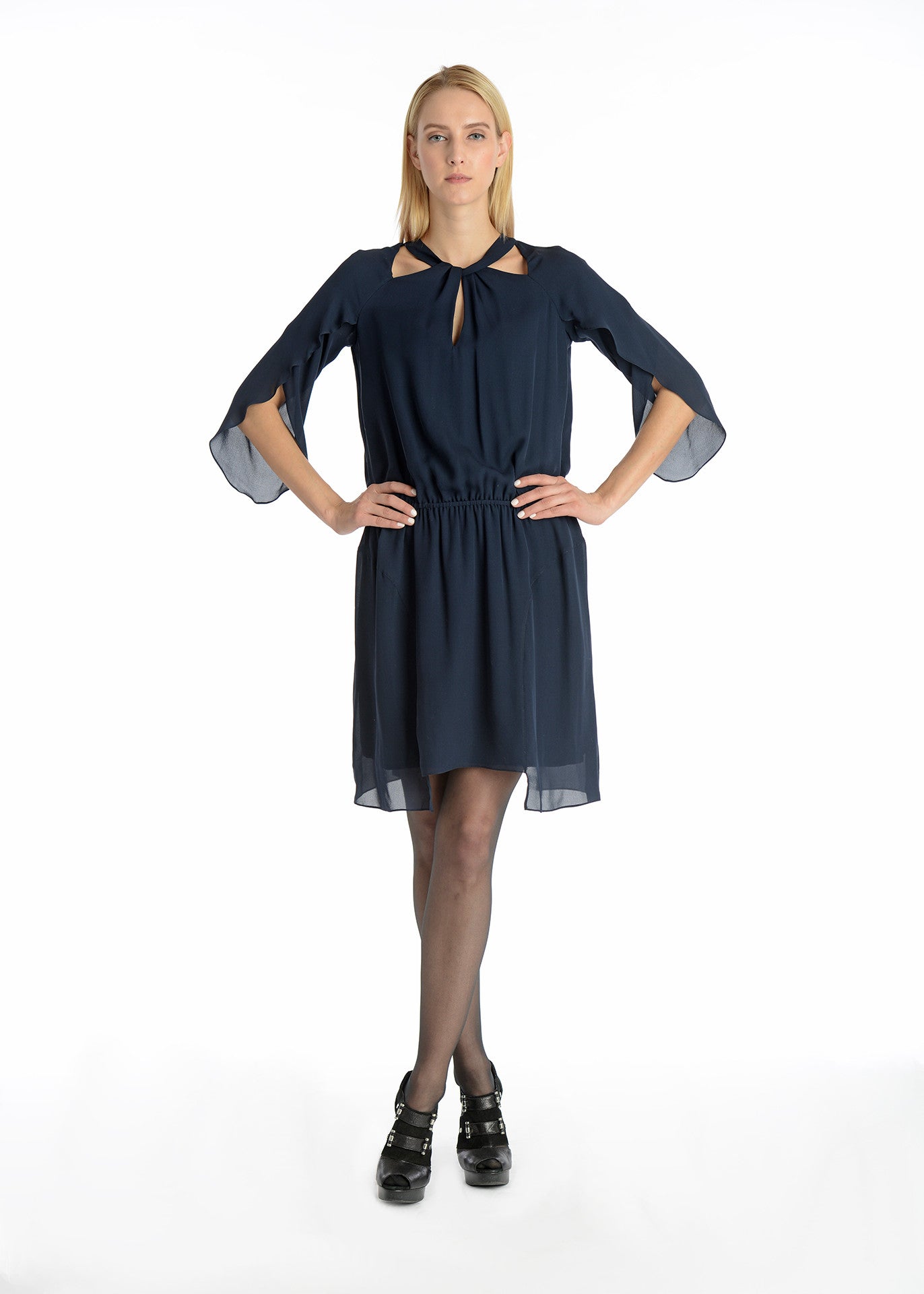 Tulip sleeves uneven hem silk dress