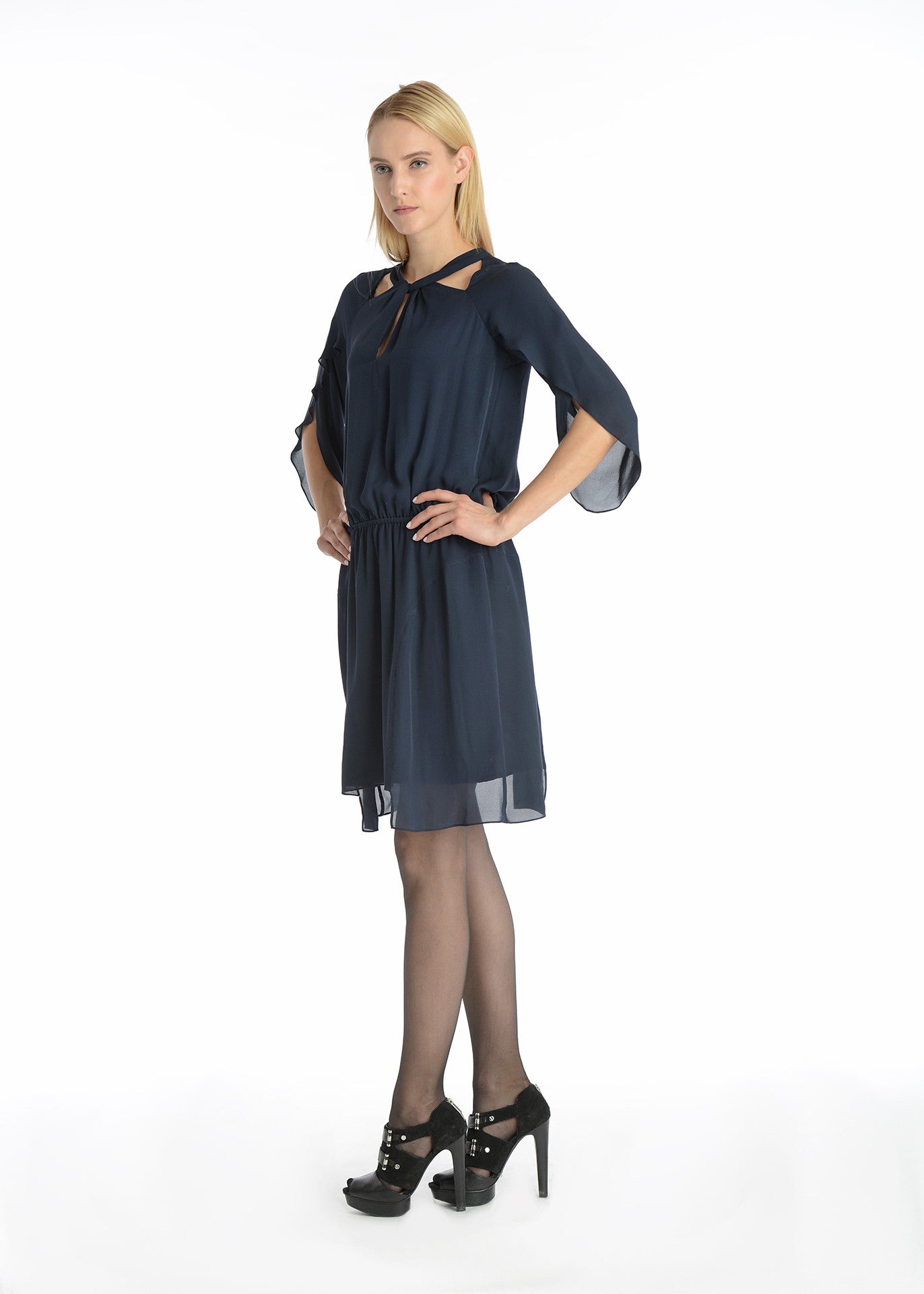 Tulip sleeves uneven hem silk dress