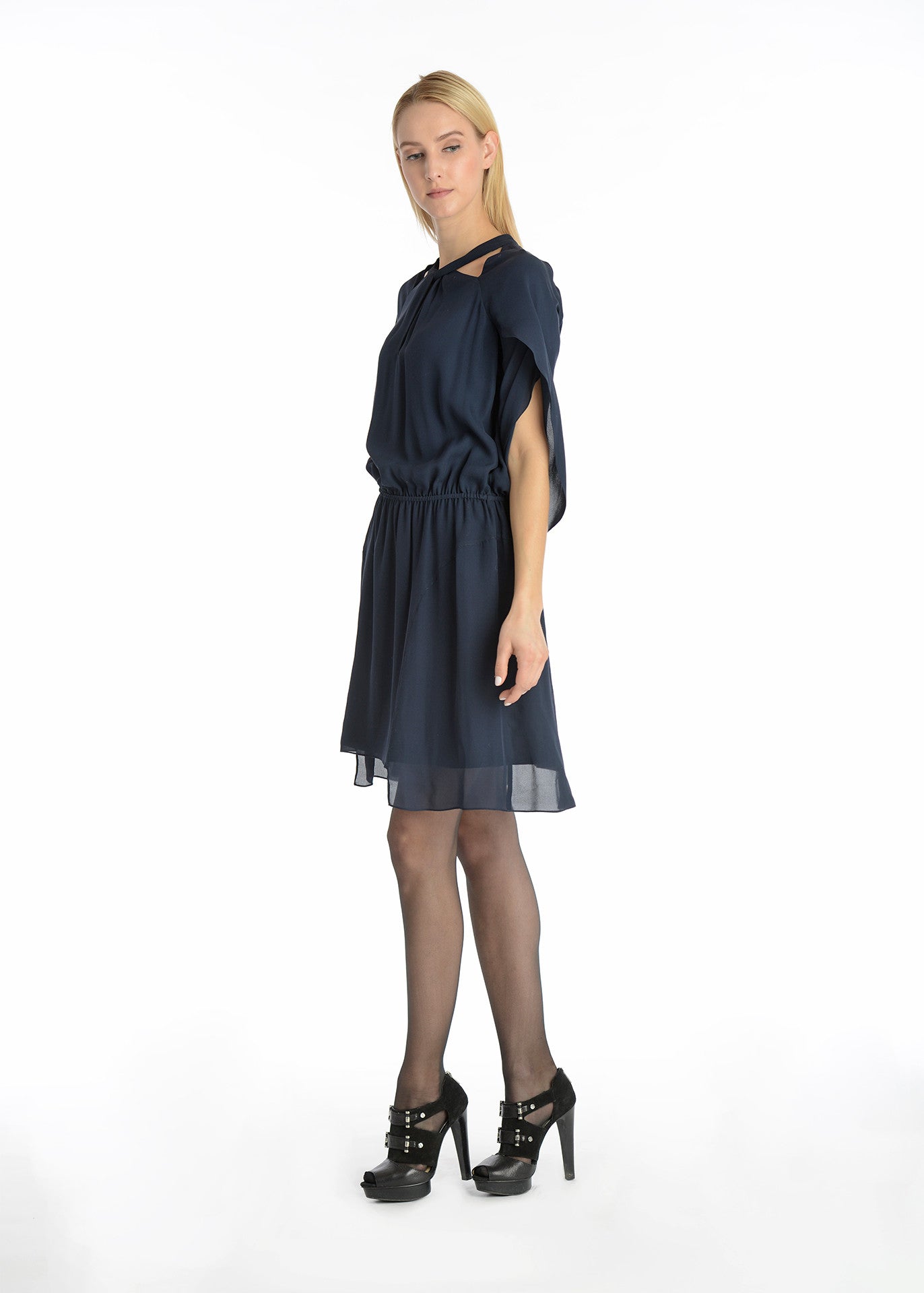 Tulip sleeves uneven hem silk dress