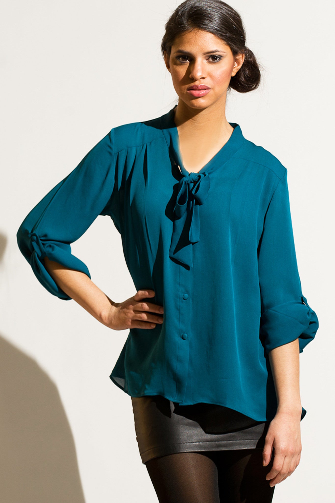 Silk crepe tie front blouse