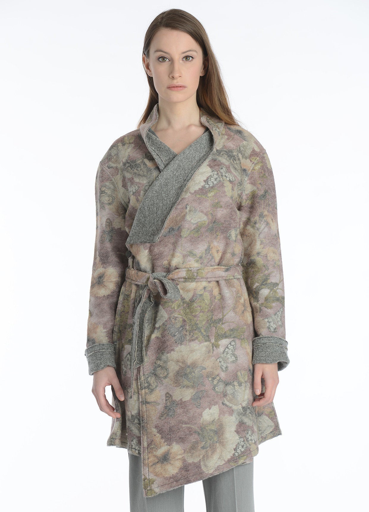 Muted Floral Print Wrap felt reversible coat
