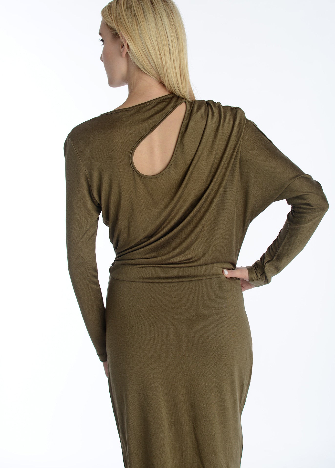 Draped shoulder silk jersey cutout detail dress