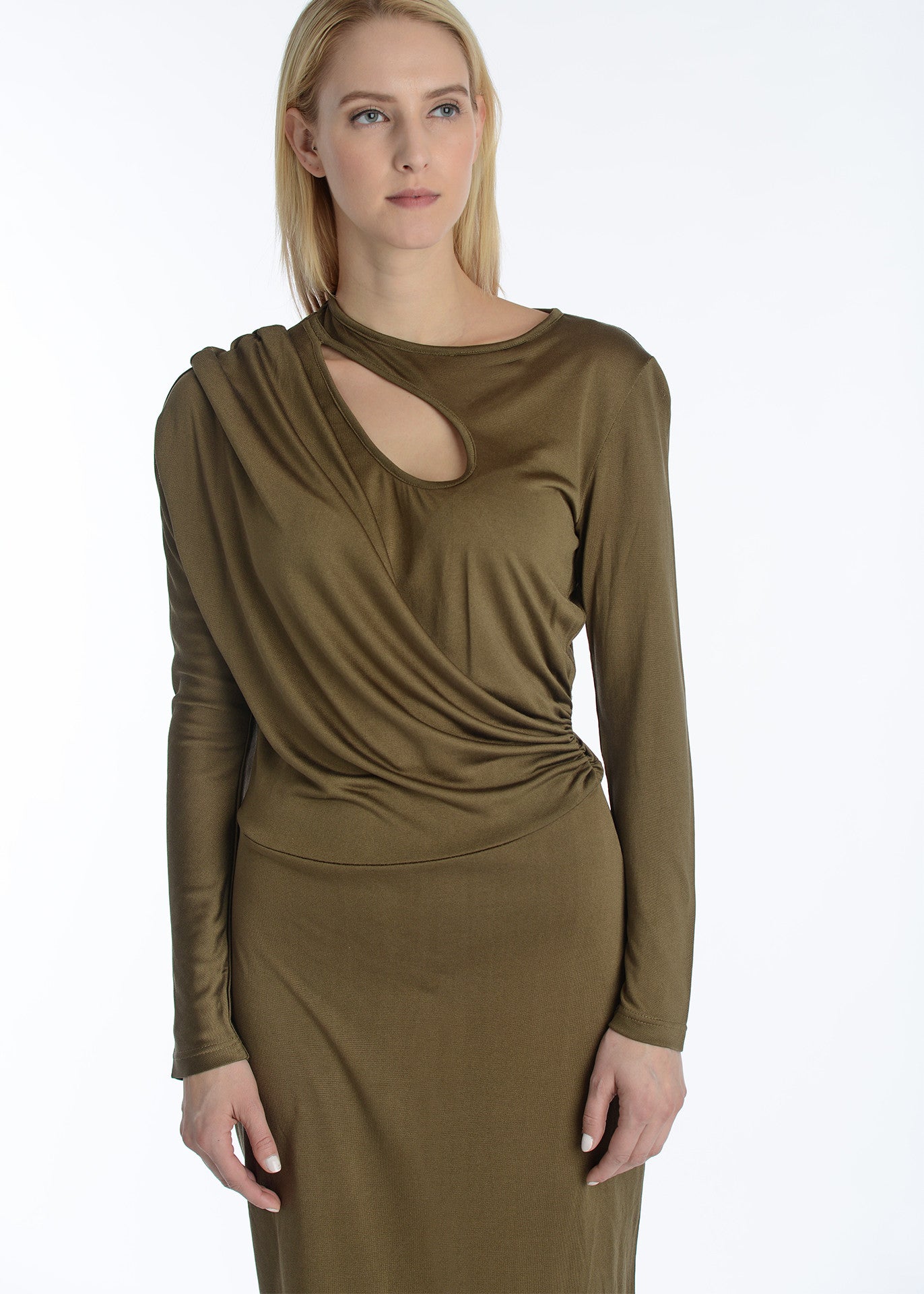 Draped shoulder silk jersey cutout detail dress