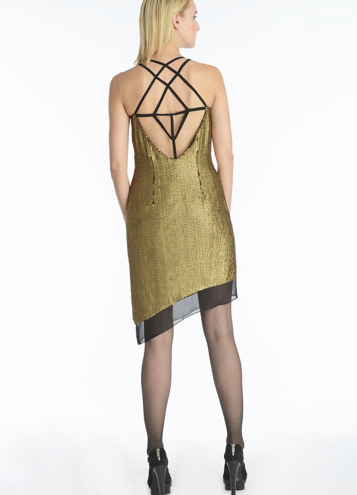 Gold Sequin Dress with Asymmetrical Hem