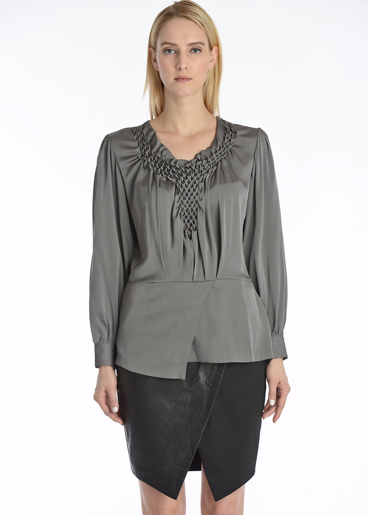 Hand pintucked silk blouse asymmetrical hemline