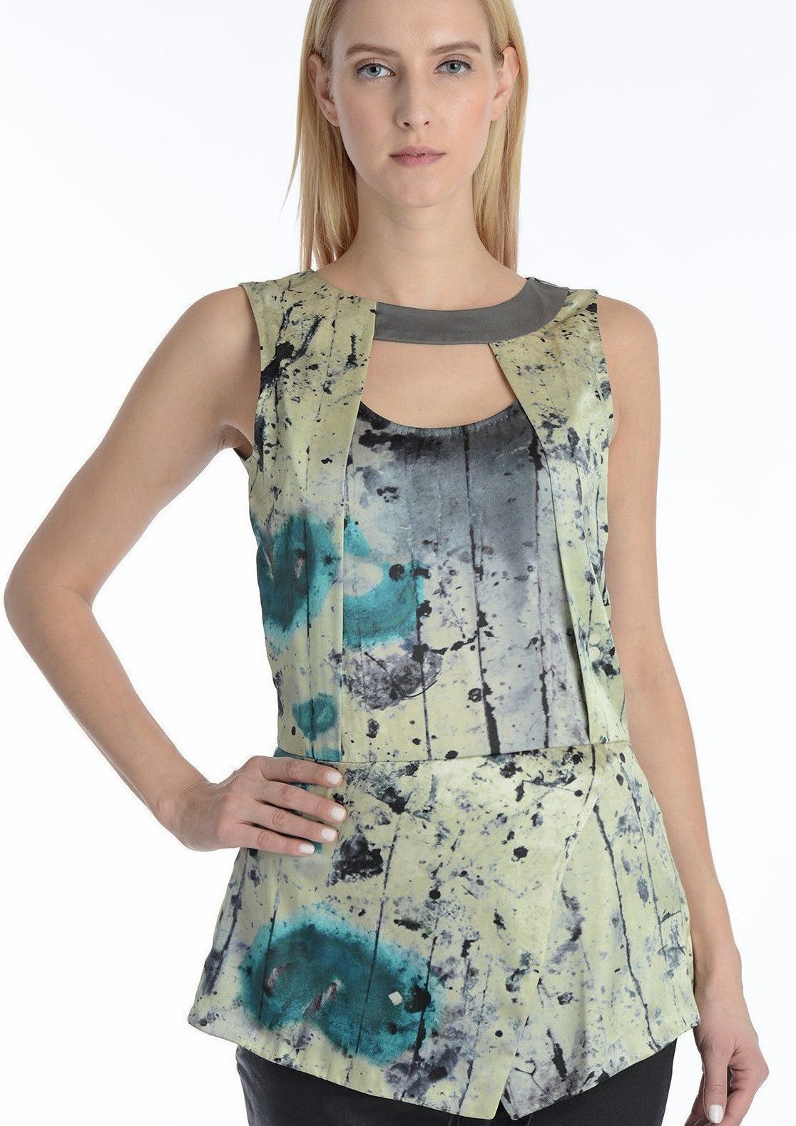 Forrest Print Silk asymmetric neckline top