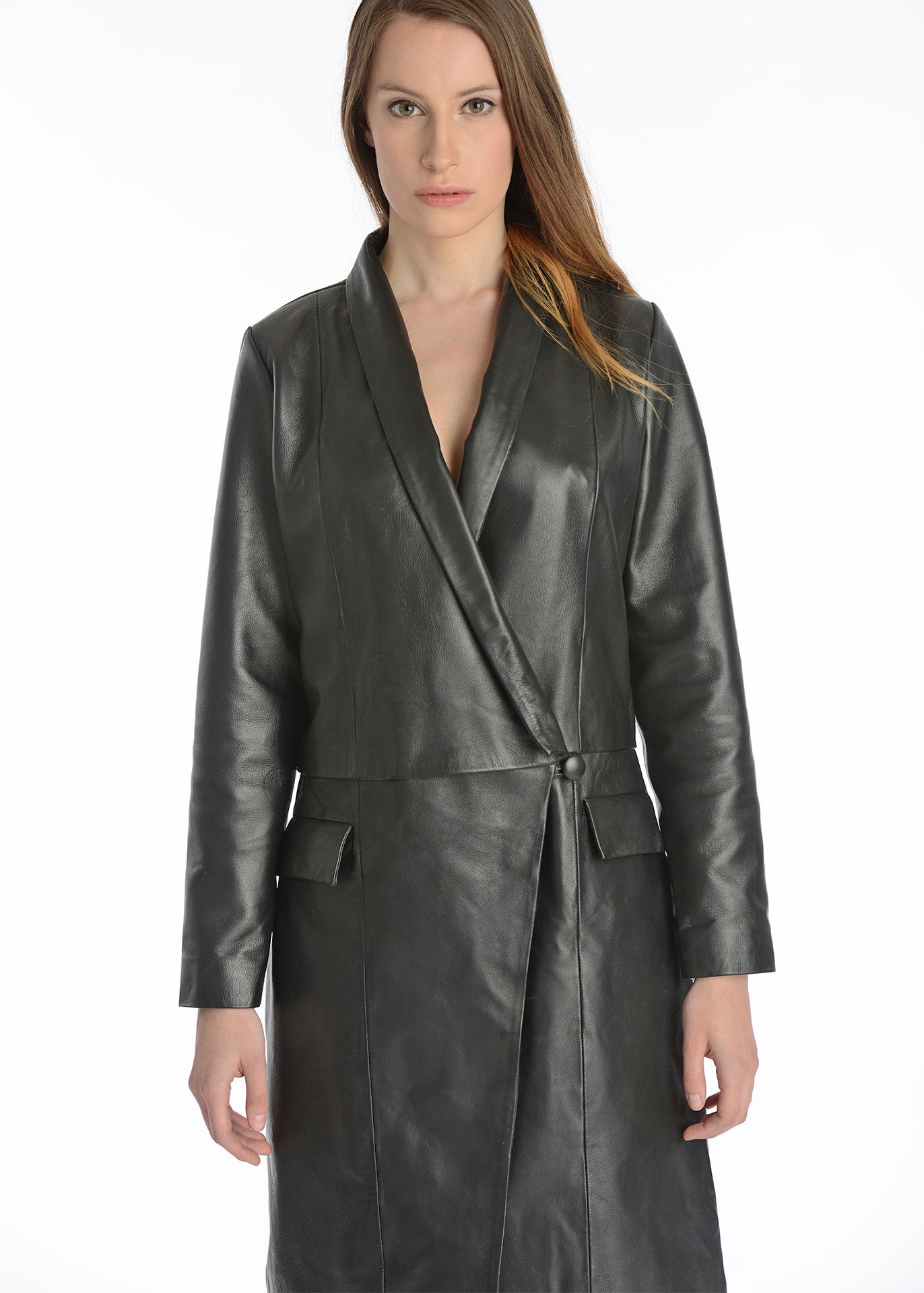 Leather long sleeve wrap coat dress