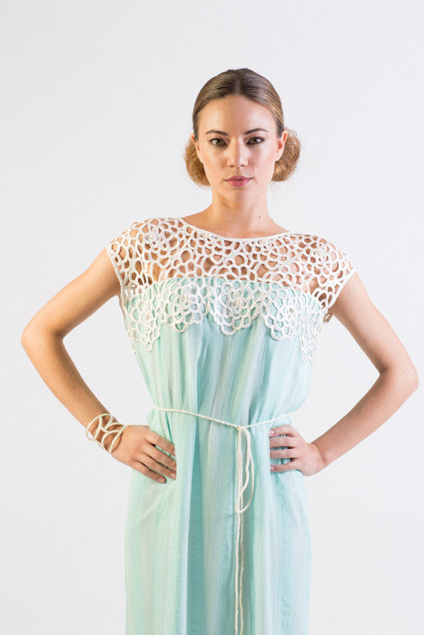 Pastel Mint Silk chiffon self striped dress w/ lace yoke- SOLD OUT